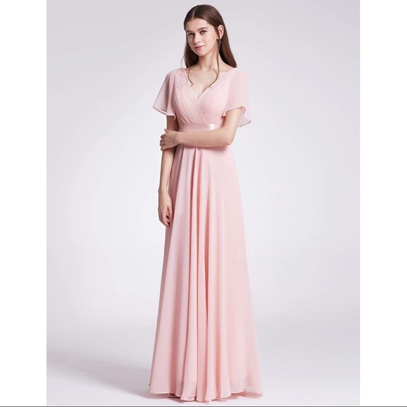 long empire waist evening dress with short flutter sleeves